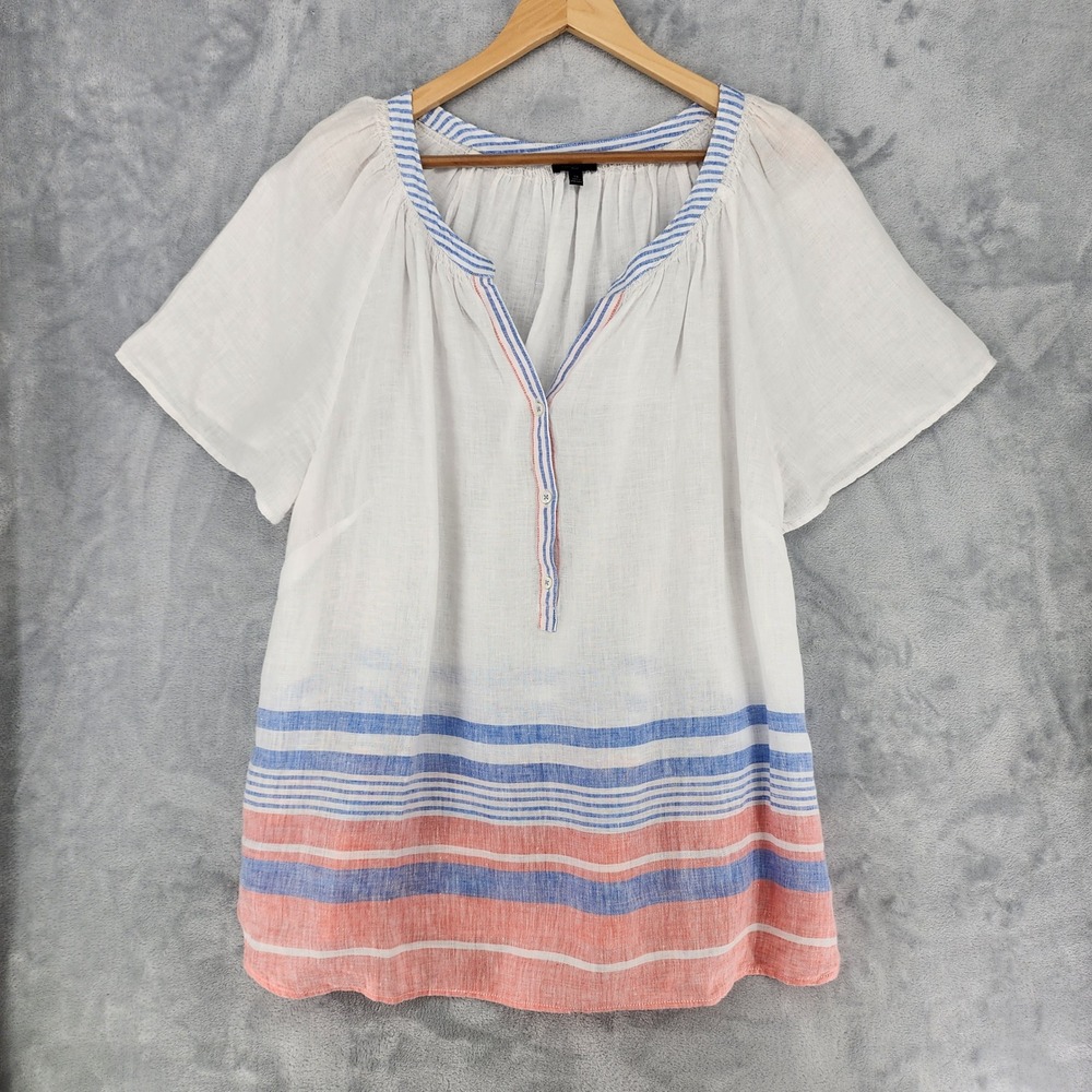 Talbots Linen Top Womens Size 1X Blouse Valley Stripe Button Split Neck